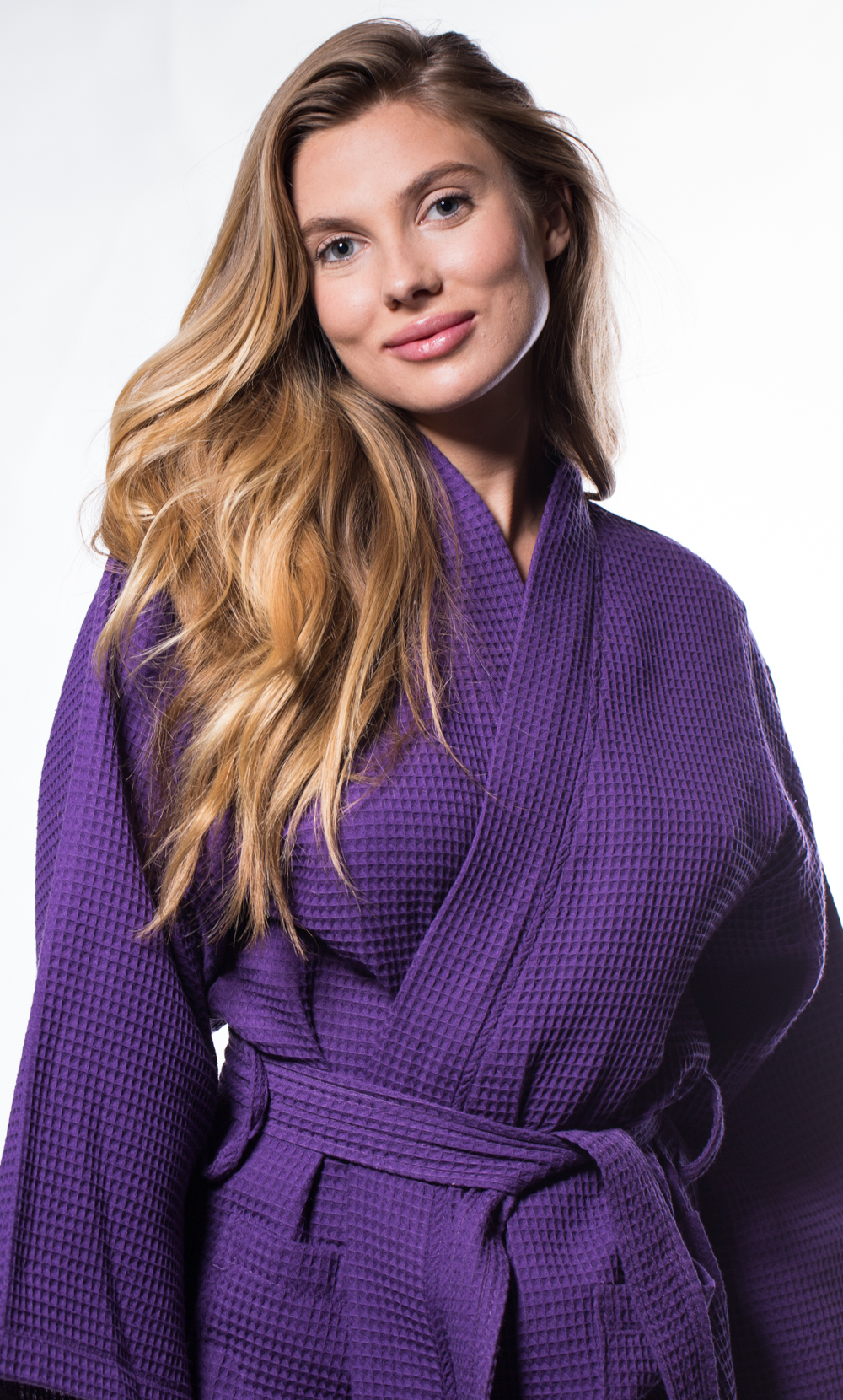 Waffle Kimono Purple Long Robe Square Pattern-Robemart.com