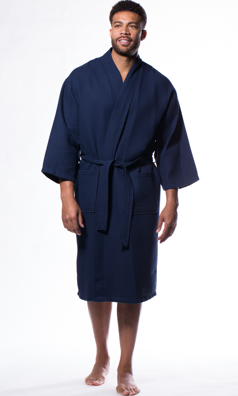Waffle Kimono Navy Blue Long Robe Square Pattern-Robemart.com