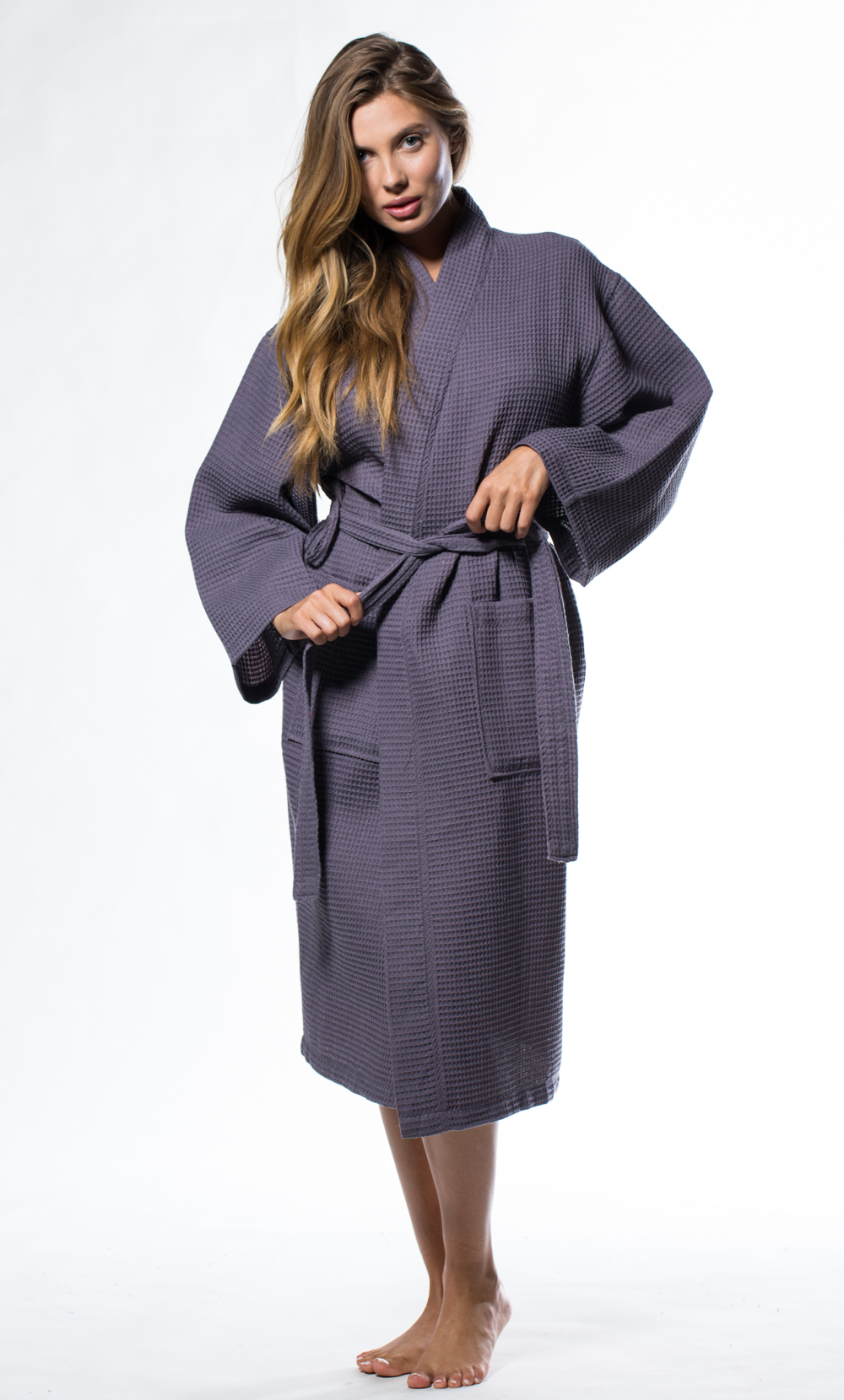 Waffle Kimono Charcoal Long Robe Square Pattern-Robemart.com