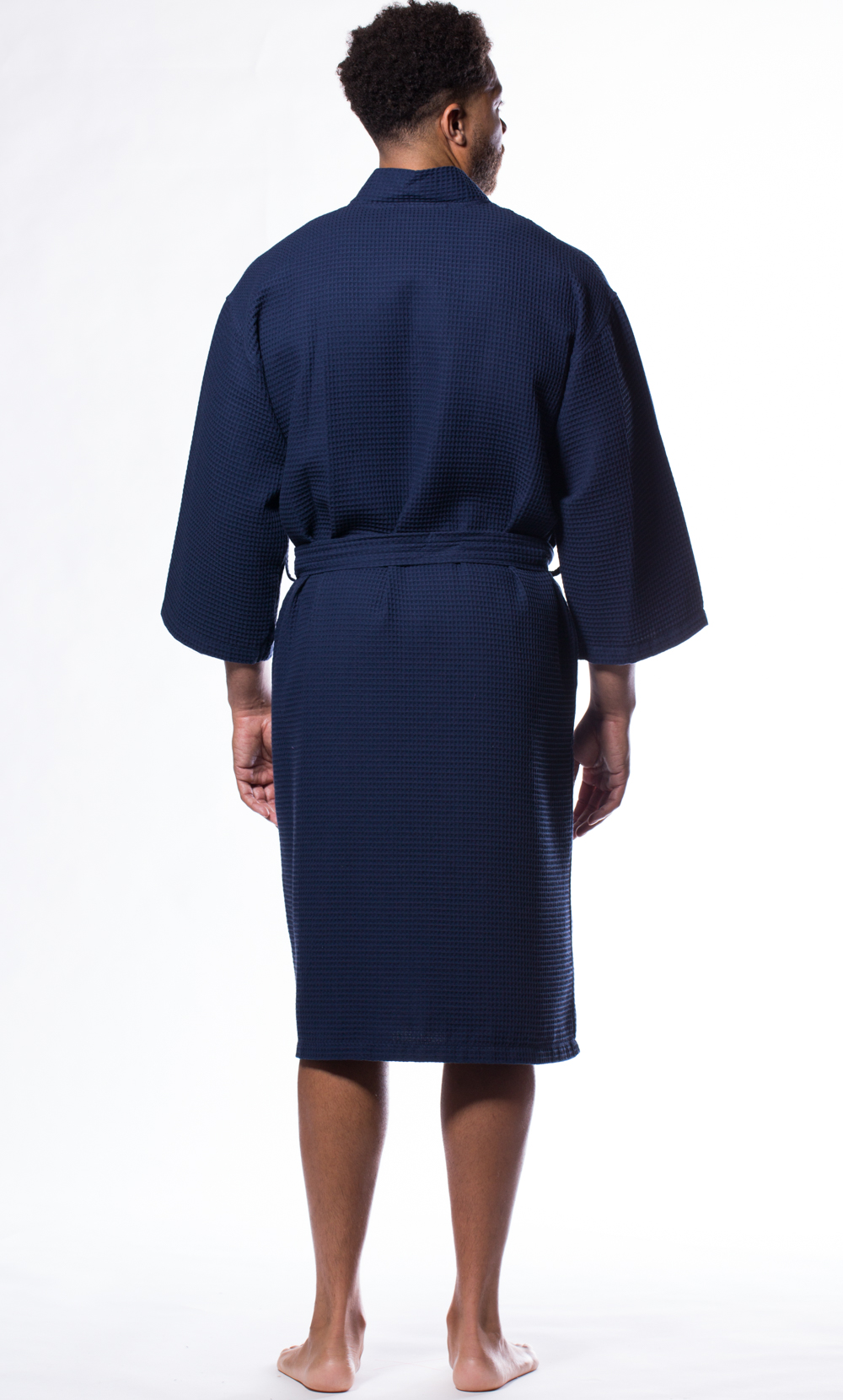 Waffle Kimono Navy Blue Long Robe Square Pattern-Robemart.com