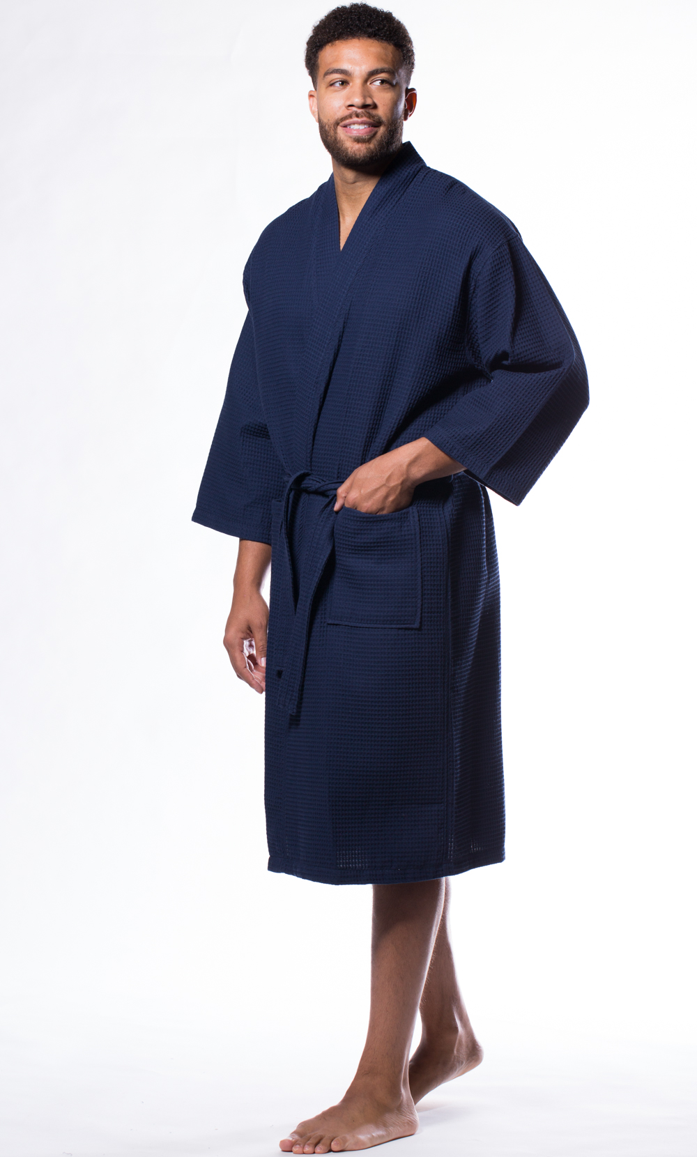 Waffle Kimono Navy Blue Long Robe Square Pattern-Robemart.com