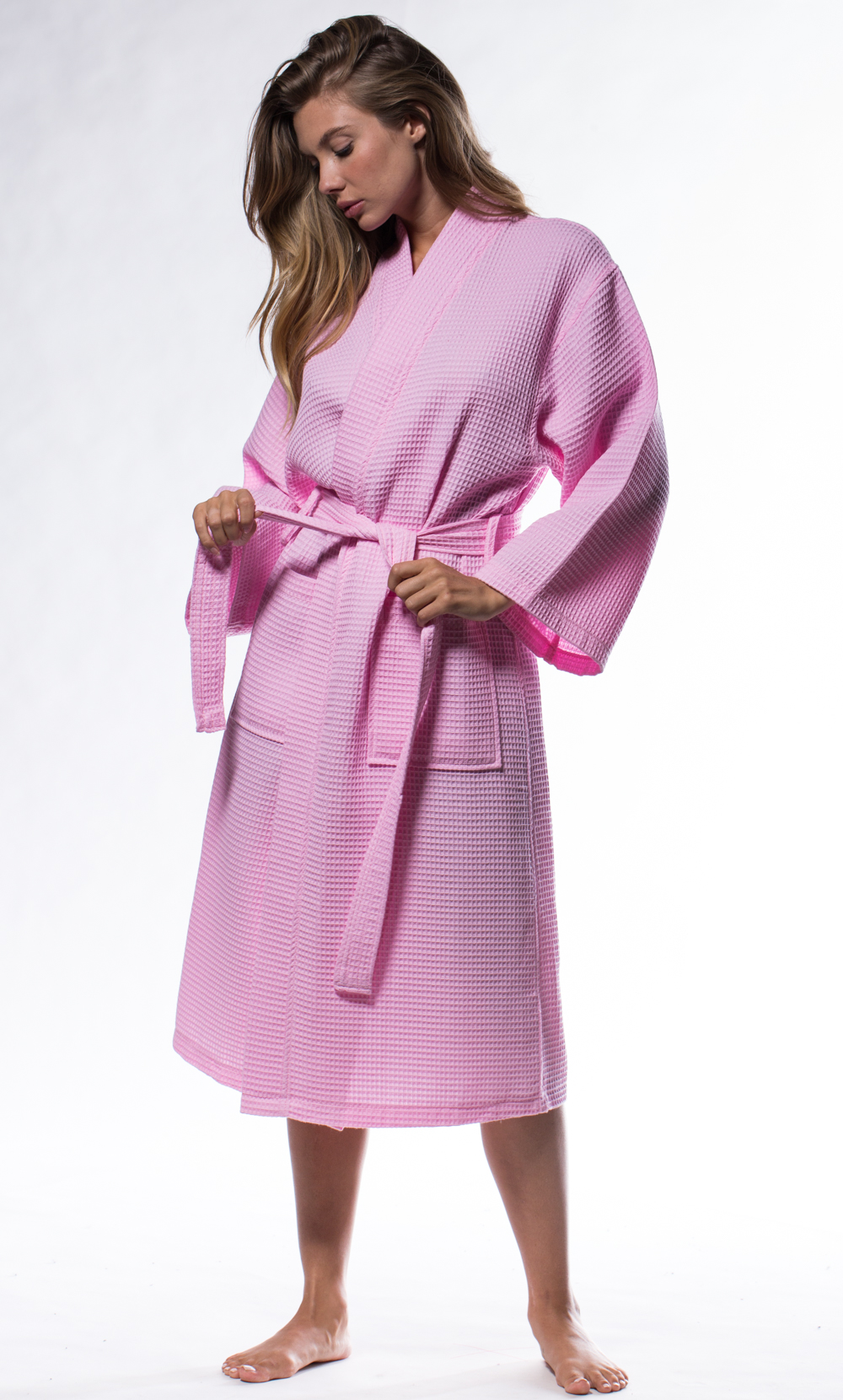 Waffle Kimono Pink Long Robe Square Pattern-Robemart.com