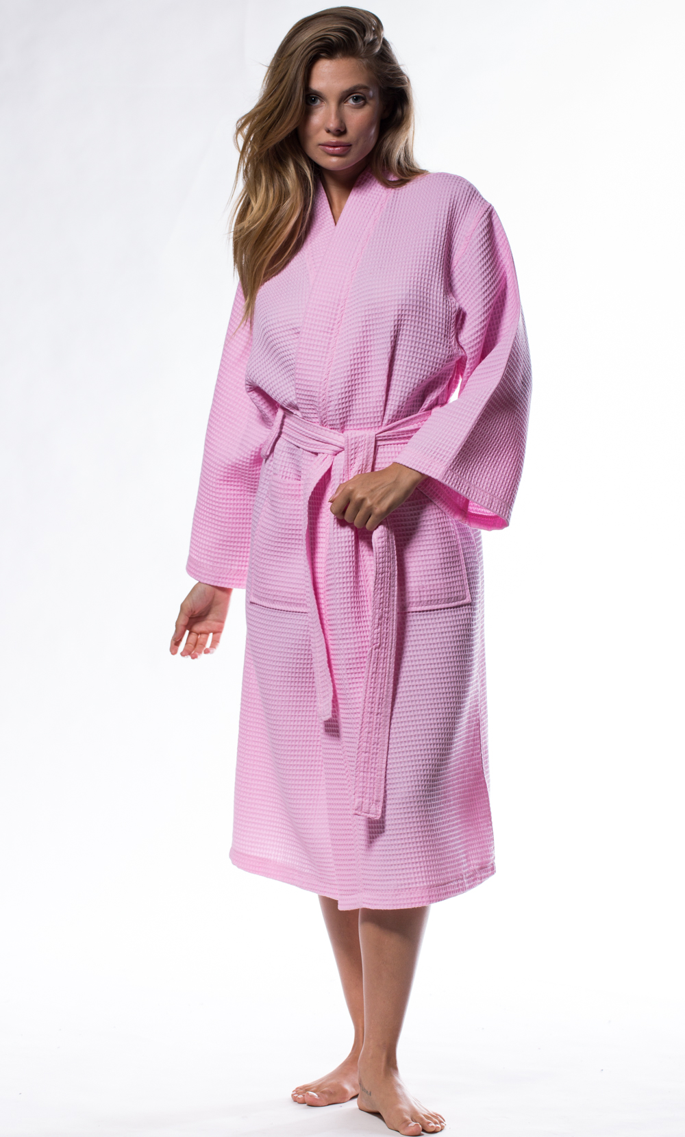 Waffle Kimono Pink Long Robe Square Pattern-Robemart.com