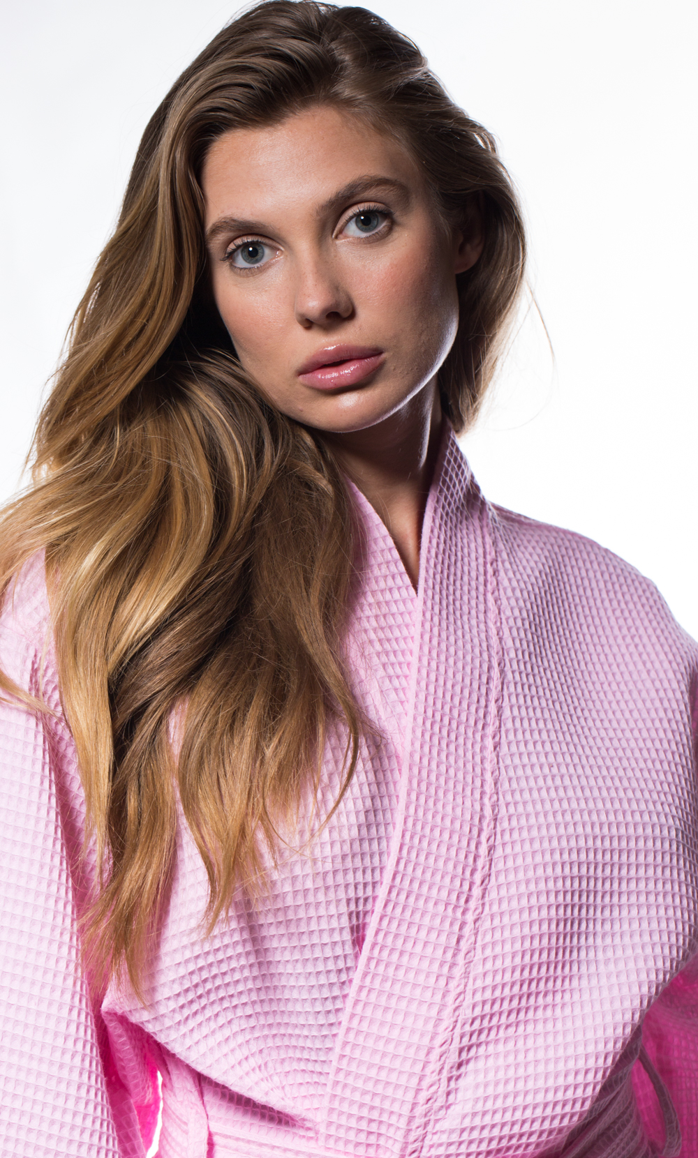 Waffle Kimono Pink Long Robe Square Pattern-Robemart.com