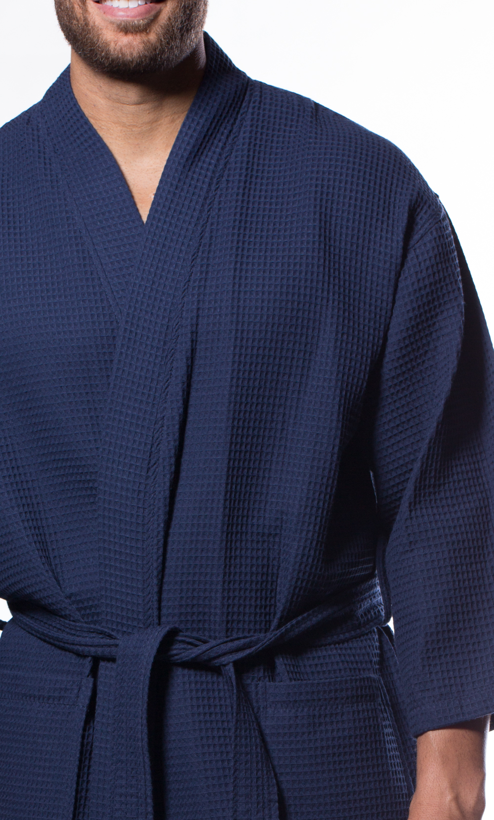 Waffle Kimono Navy Blue Long Robe Square Pattern-Robemart.com