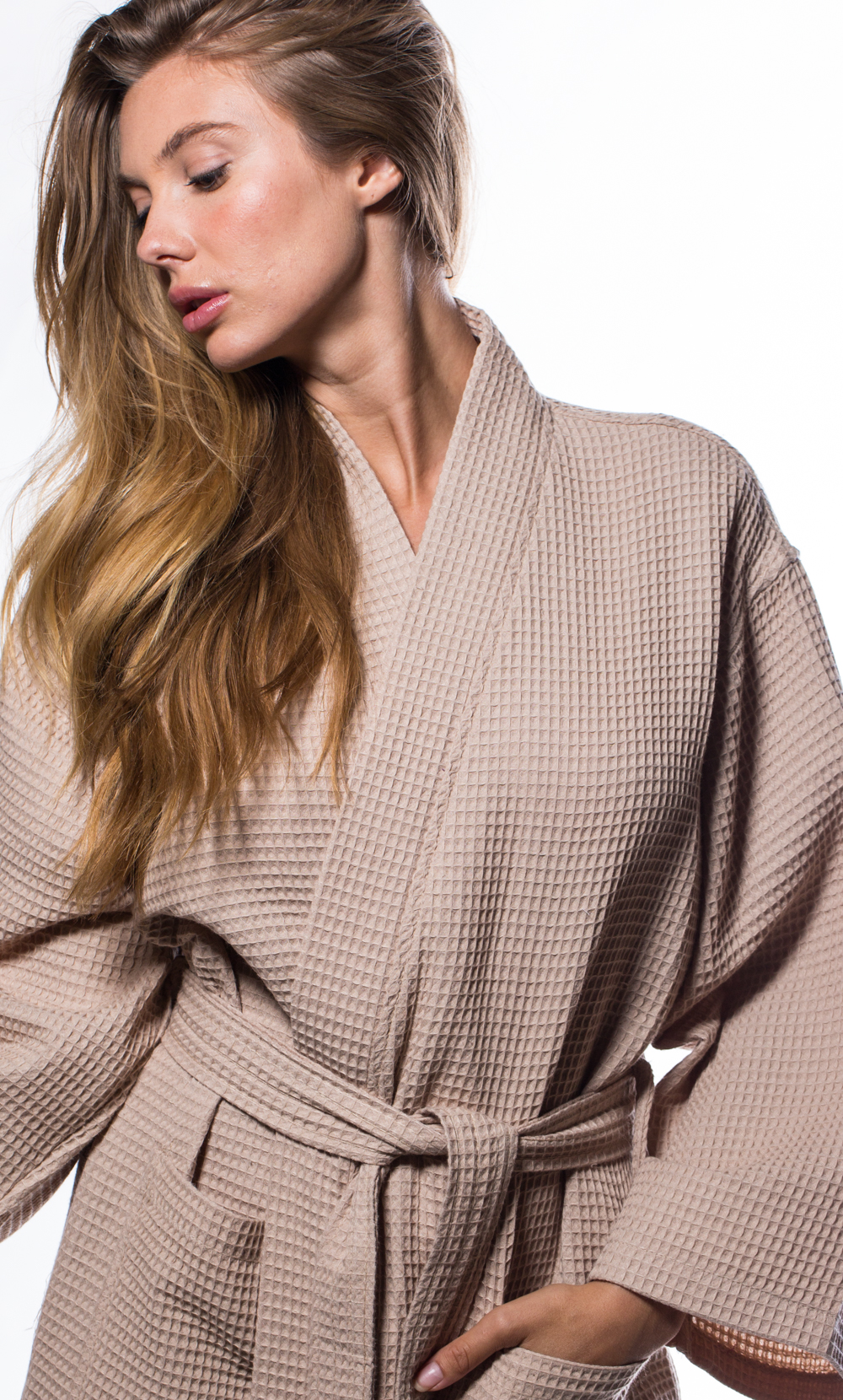 Waffle Kimono Taupe Long Robe Square Pattern-Robemart.com