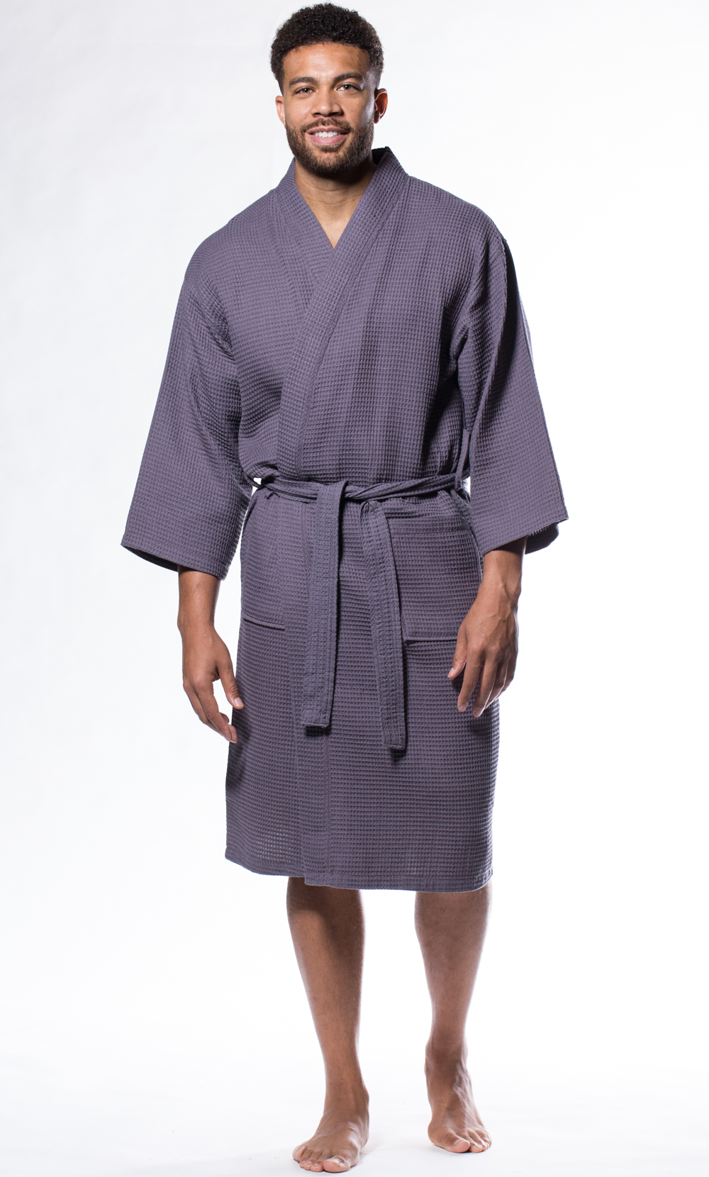 Waffle Kimono Charcoal Long Robe Square Pattern-Robemart.com