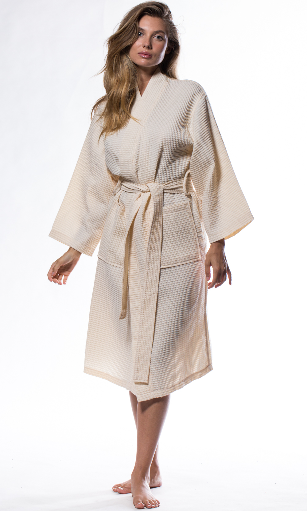 Waffle Kimono Beige Long Robe Square Pattern-Robemart.com