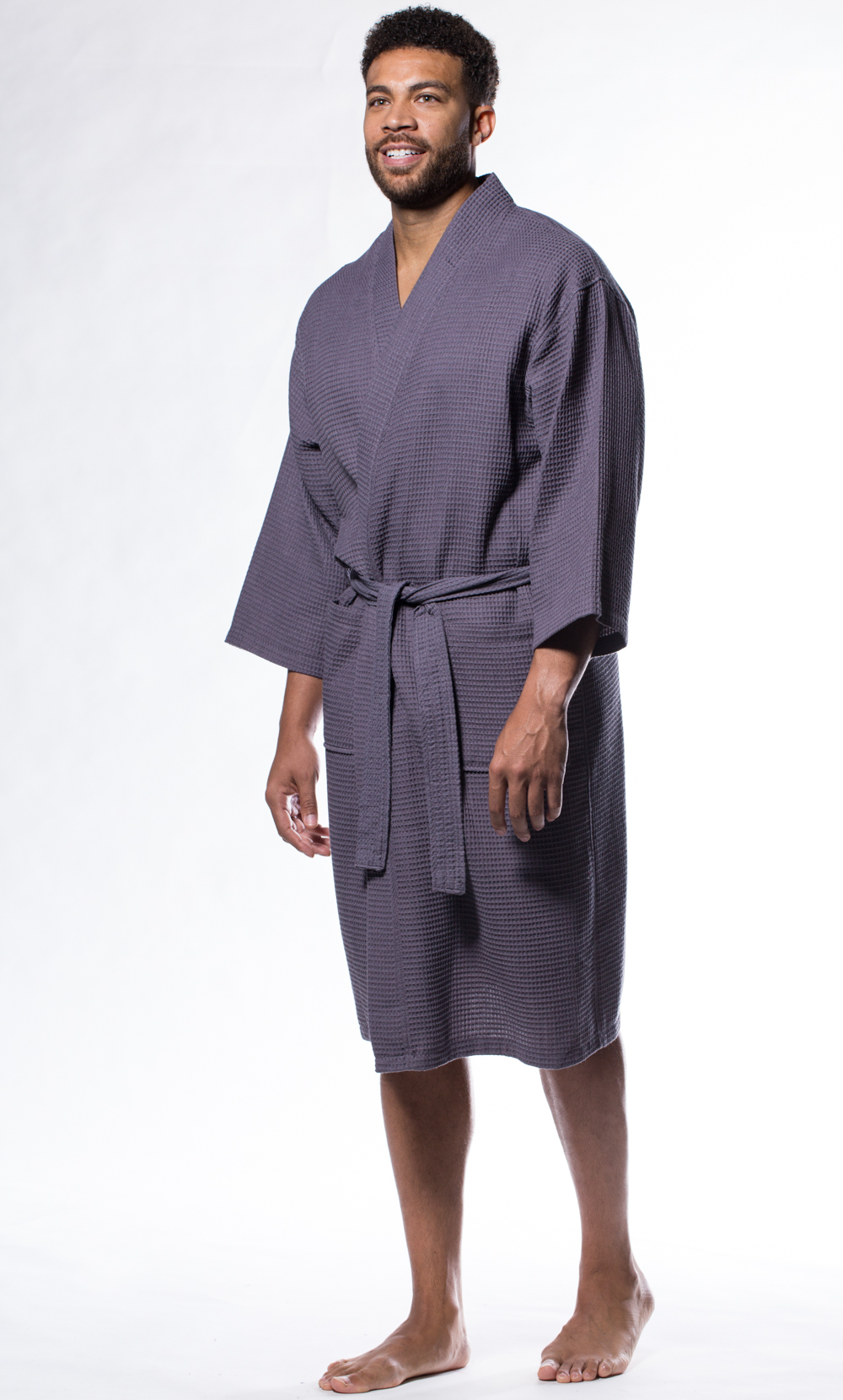 Waffle Kimono Charcoal Long Robe Square Pattern-Robemart.com