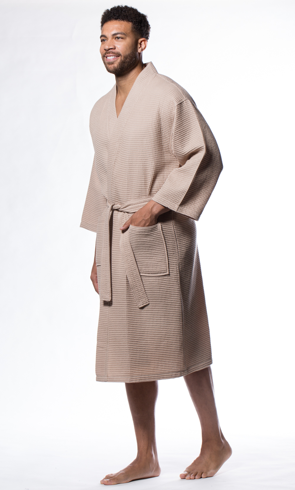 Waffle Kimono Taupe Long Robe Square Pattern-Robemart.com