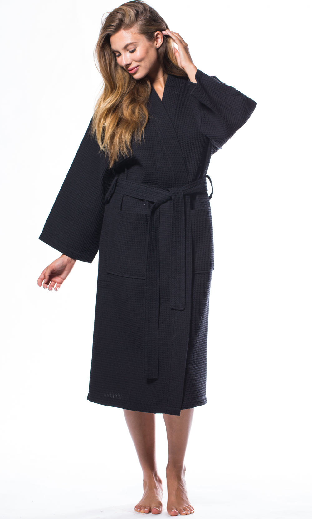 Waffle Kimono Black Long Robe Square Pattern-Robemart.com
