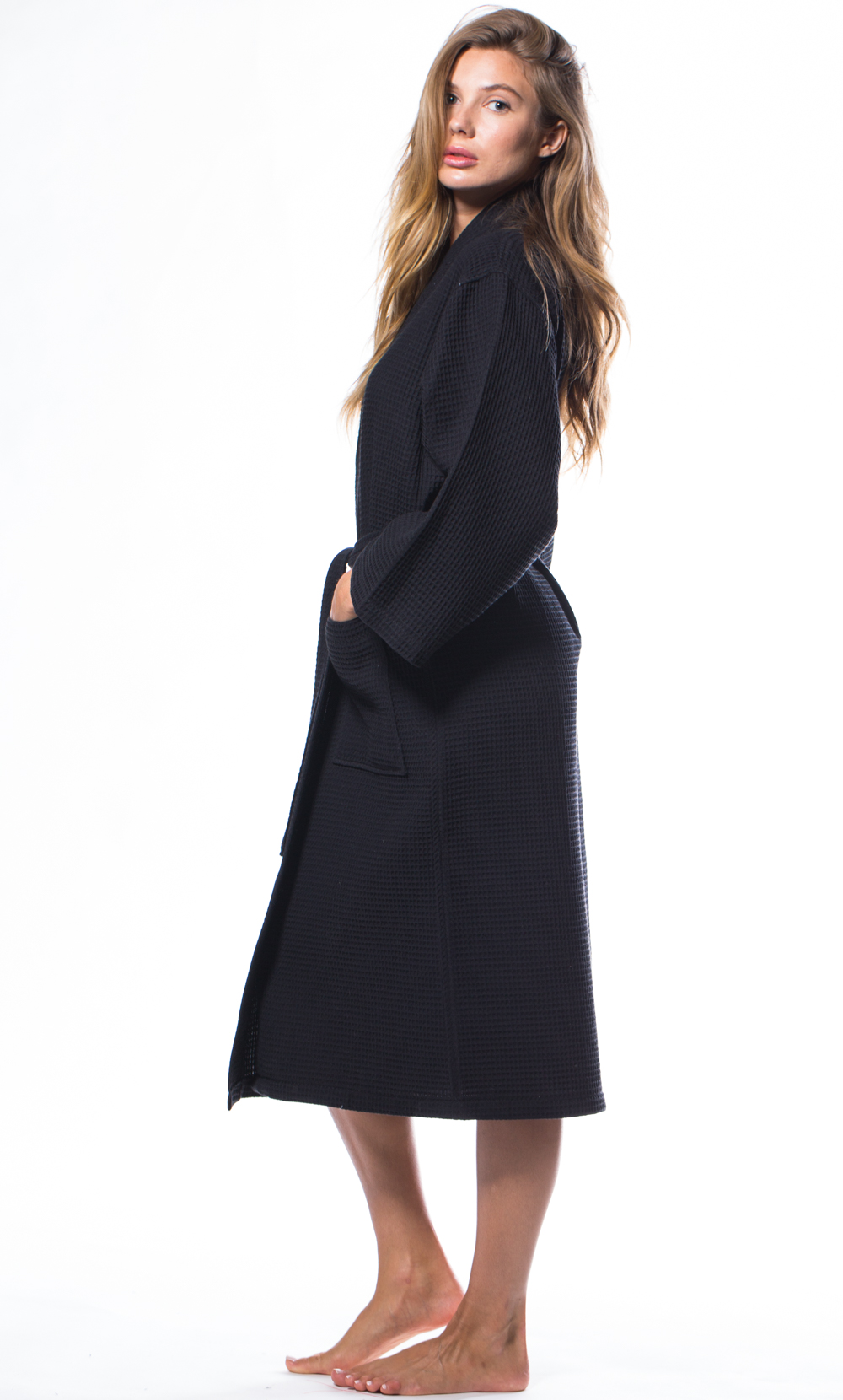 Waffle Kimono Black Long Robe Square Pattern-Robemart.com