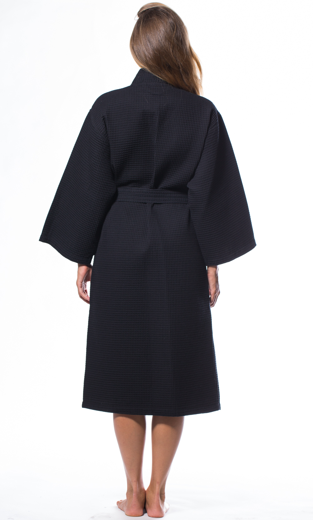 Waffle Kimono Black Long Robe Square Pattern-Robemart.com