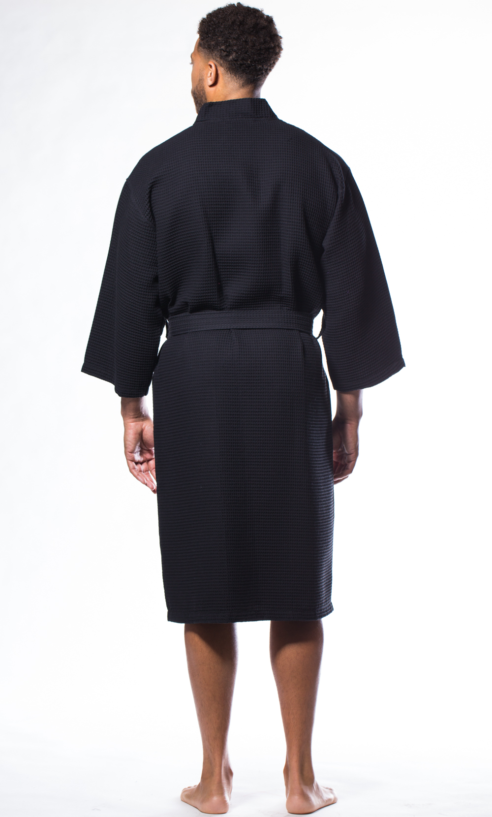 Waffle Kimono Black Long Robe Square Pattern-Robemart.com