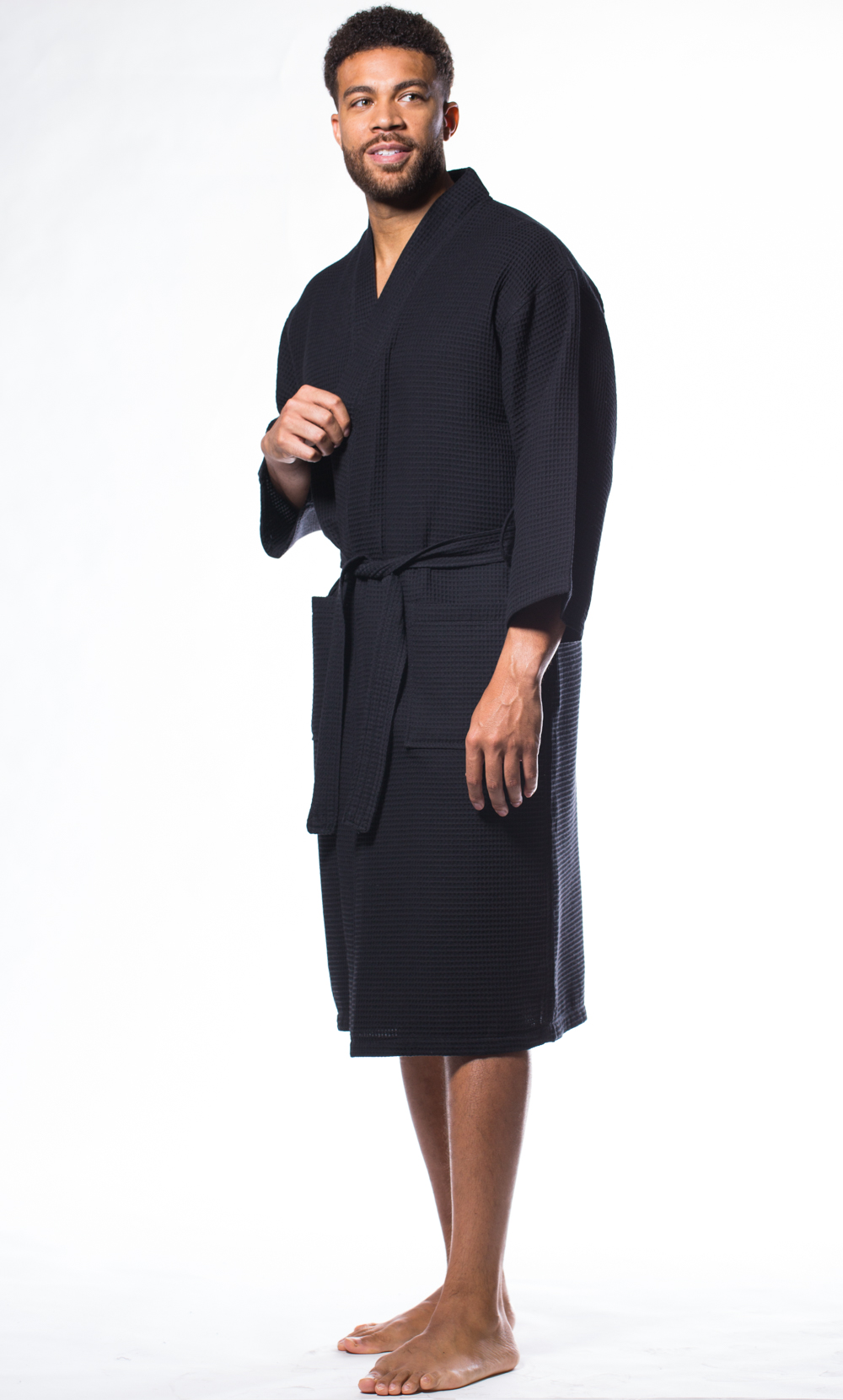 Waffle Kimono Black Long Robe Square Pattern-Robemart.com