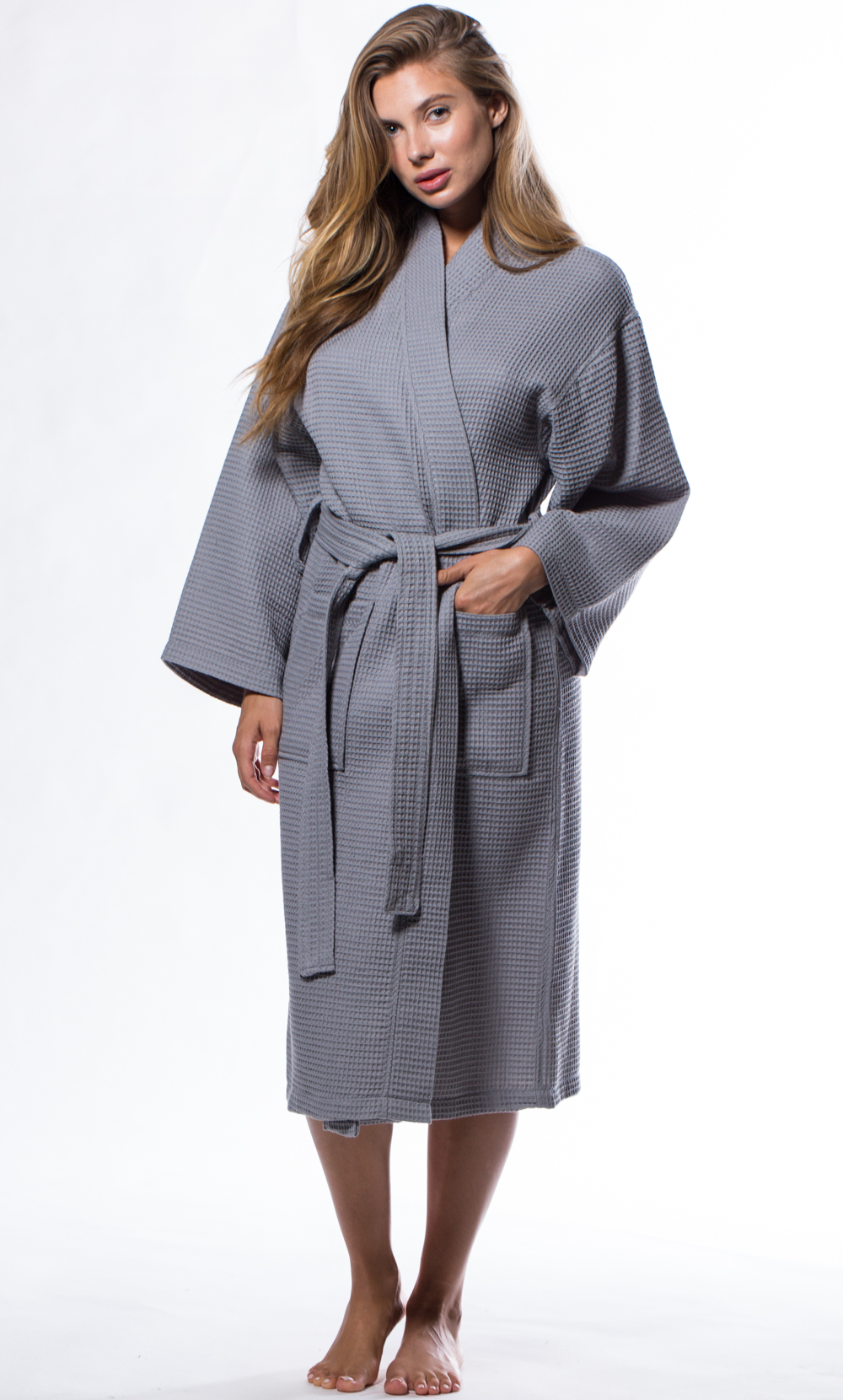 Waffle Kimono Gray Long Robe Square Pattern-Robemart.com