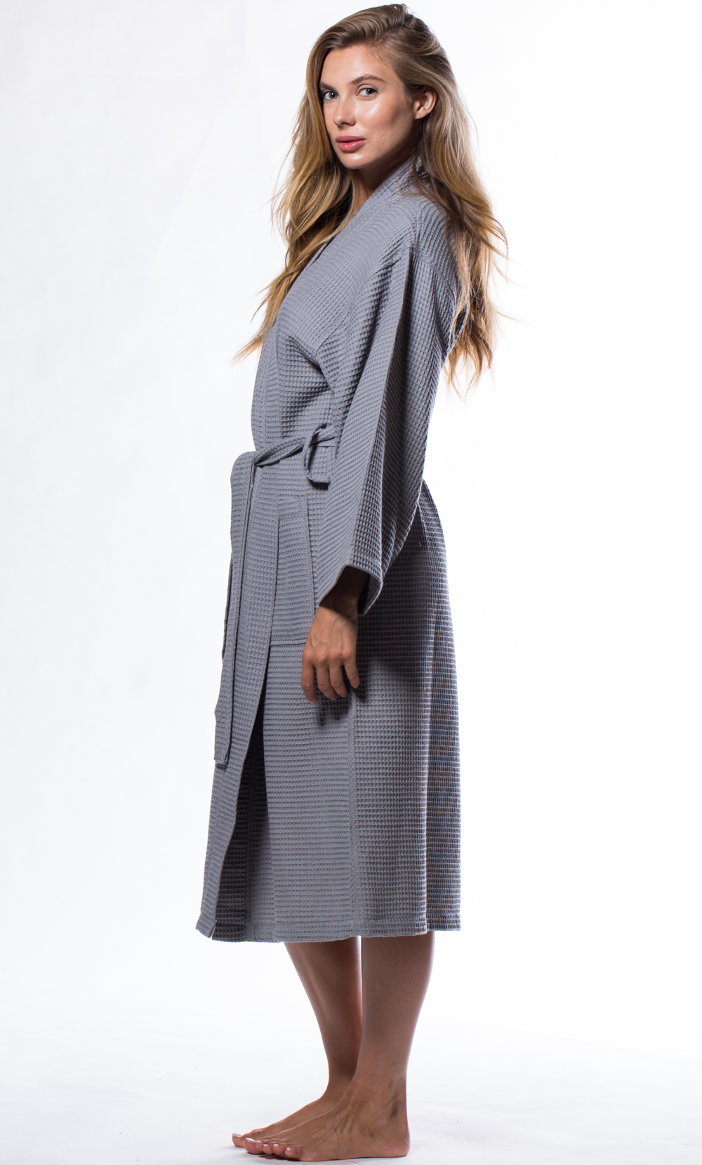 Waffle Kimono Gray Long Robe Square Pattern-Robemart.com