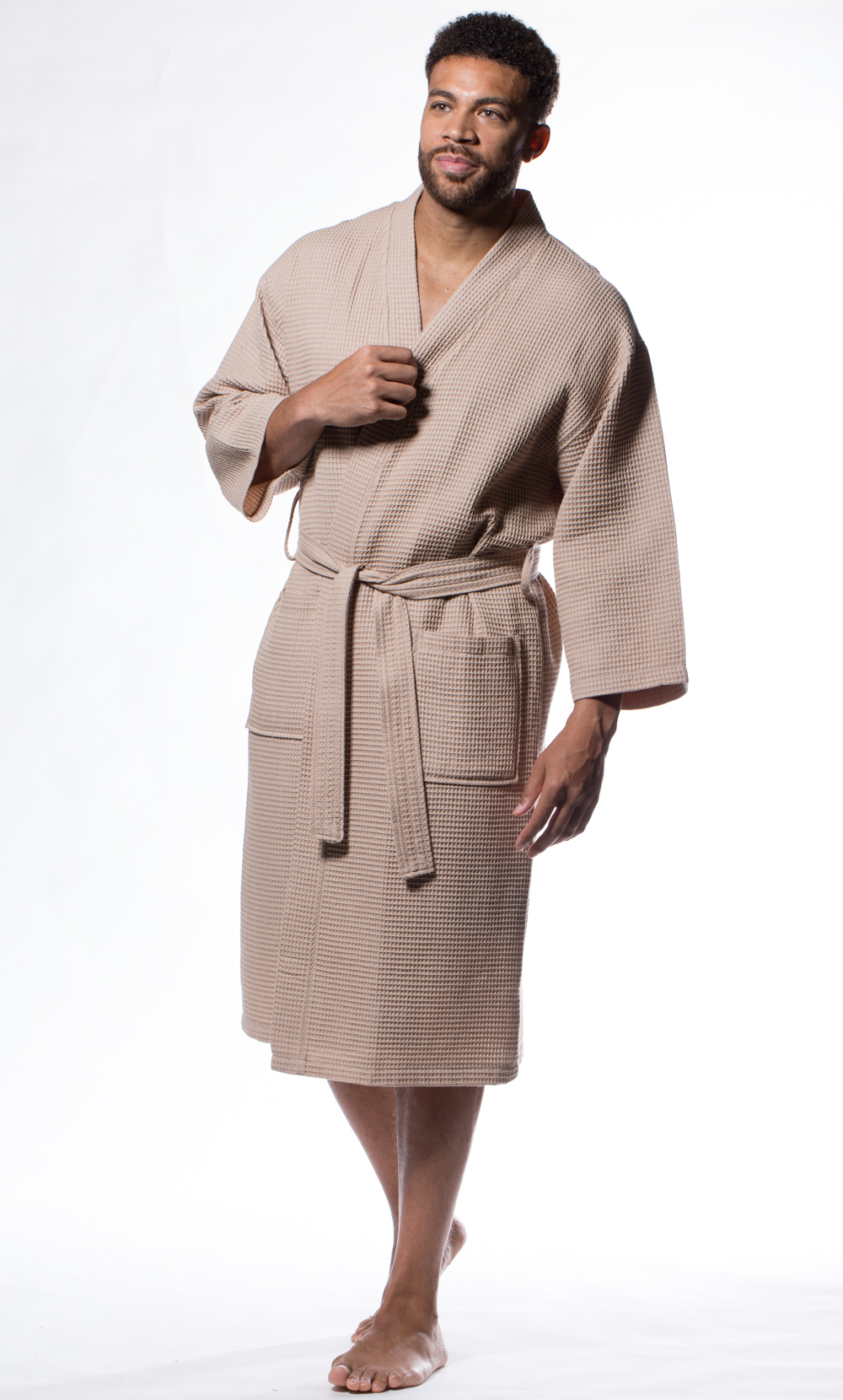 Waffle Kimono Taupe Long Robe Square Pattern-Robemart.com
