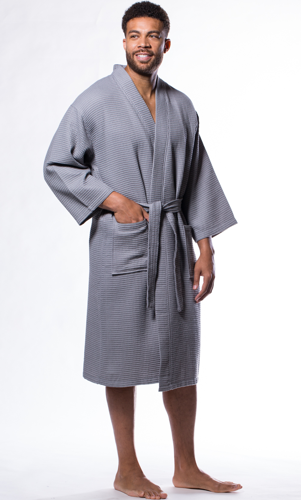 Waffle Kimono Gray Long Robe Square Pattern-Robemart.com