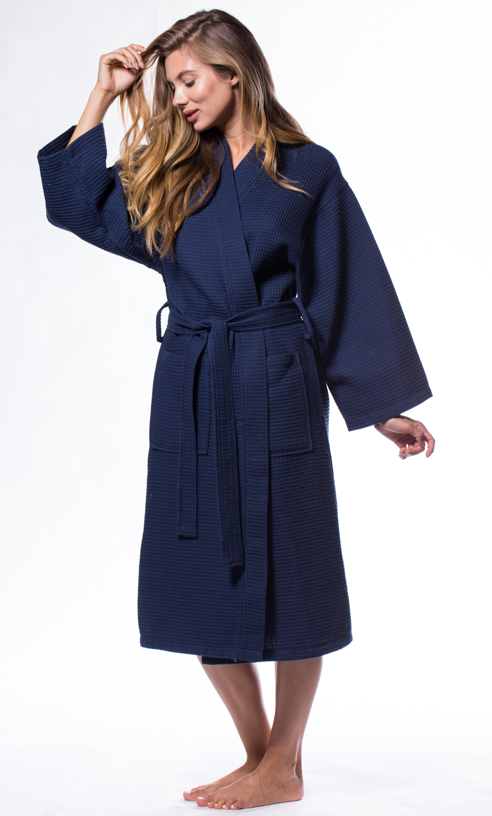Waffle Kimono Navy Blue Long Robe Square Pattern-Robemart.com