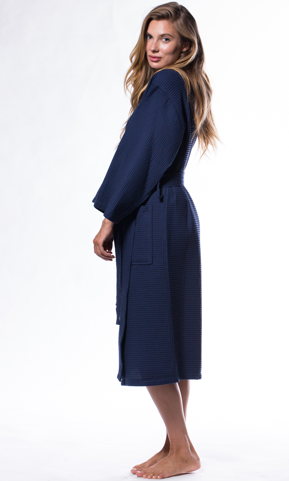 Waffle Kimono Navy Blue Long Robe Square Pattern-Robemart.com