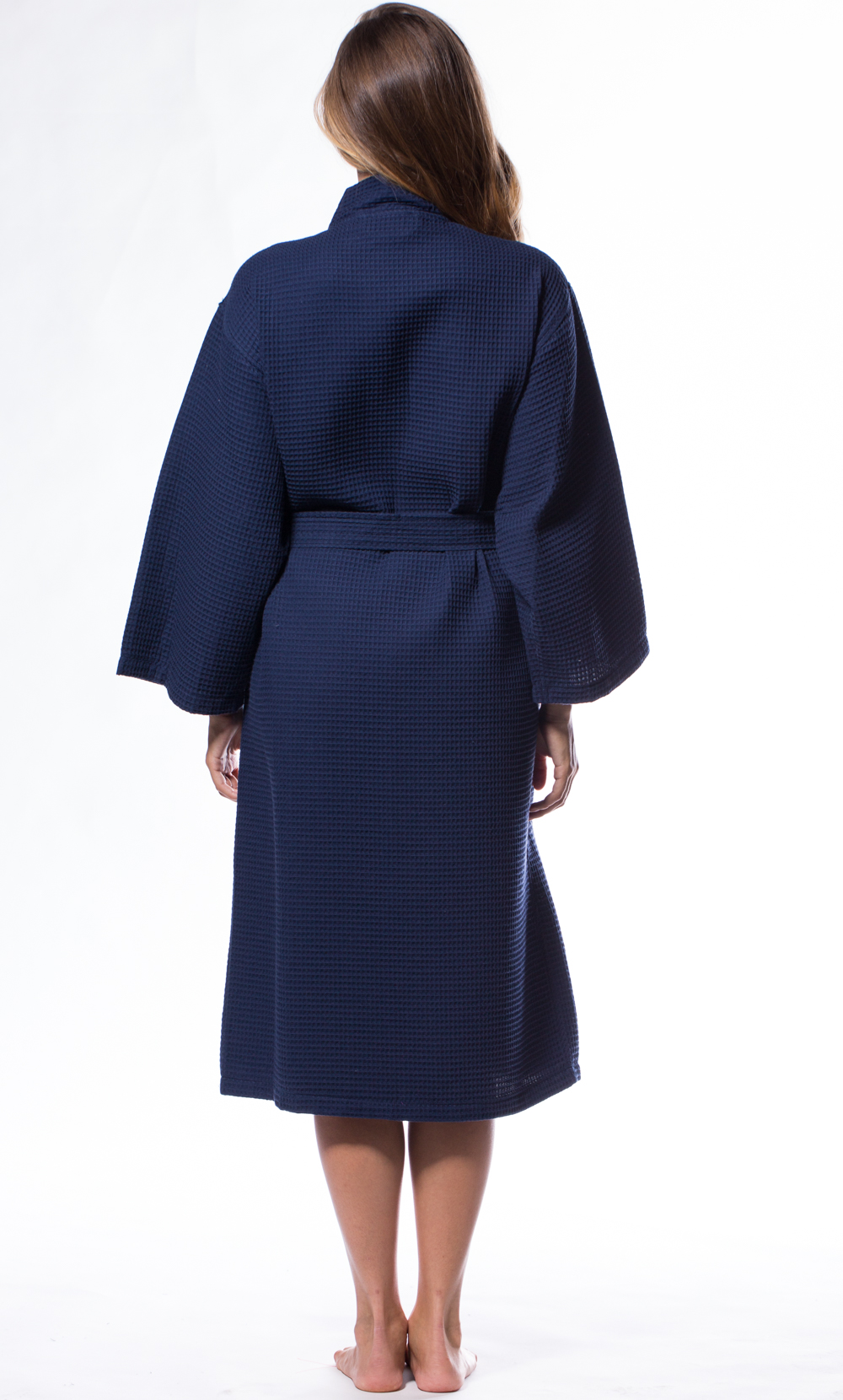 Waffle Kimono Navy Blue Long Robe Square Pattern-Robemart.com