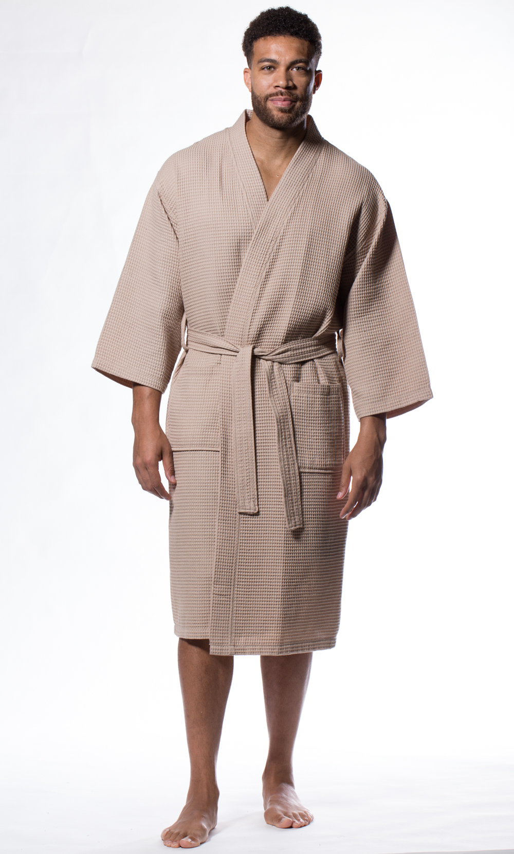 Waffle Kimono Taupe Long Robe Square Pattern-Robemart.com