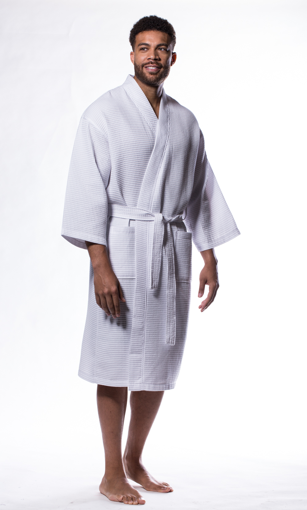 Waffle Kimono White Long Robe Square Pattern-Robemart.com