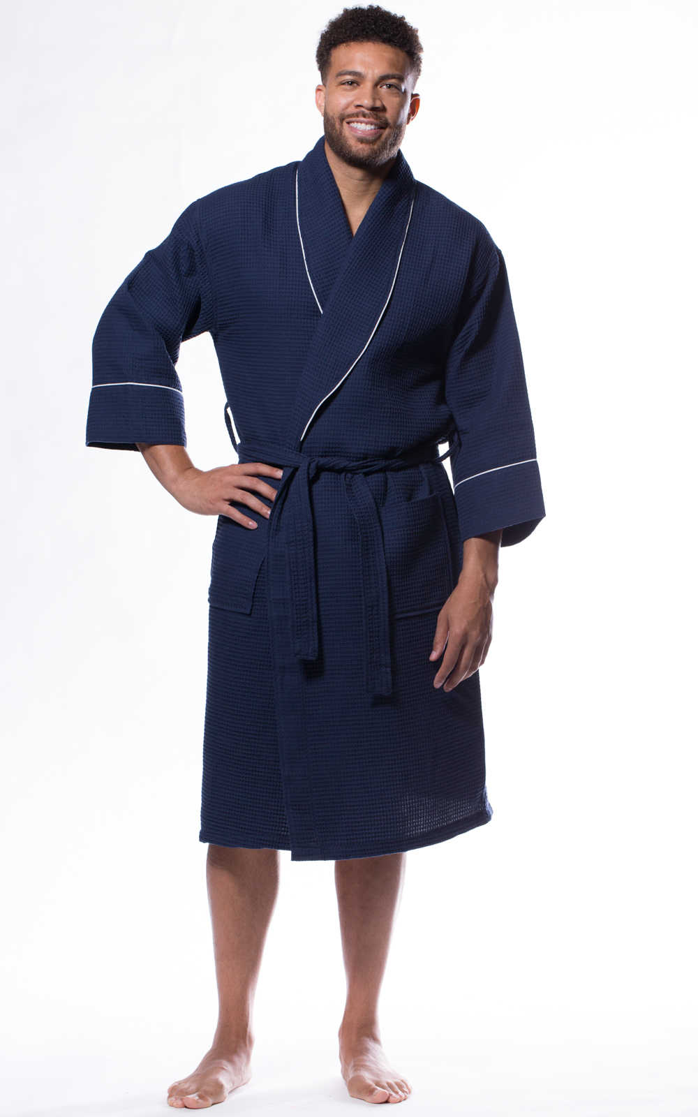 Waffle Shawl Long Robe Square Pattern Navy Blue-Robemart.com