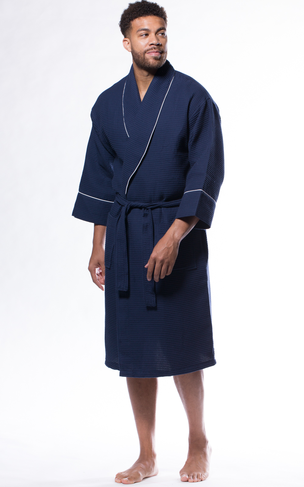 Waffle Shawl Long Robe Square Pattern Navy Blue-Robemart.com