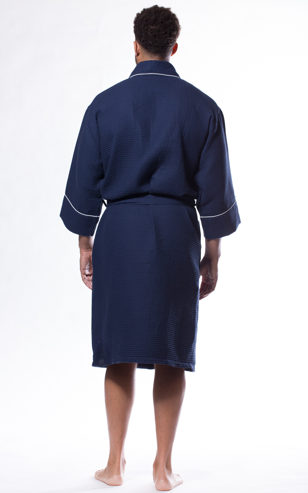 Waffle Shawl Long Robe Square Pattern Navy Blue-Robemart.com