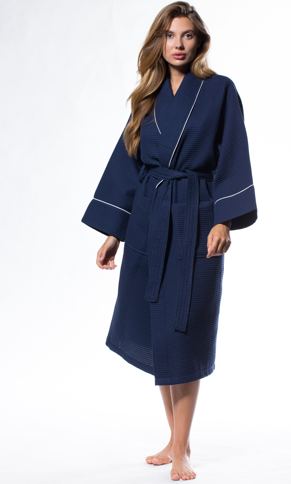 Waffle Shawl Long Robe Square Pattern Navy Blue-Robemart.com