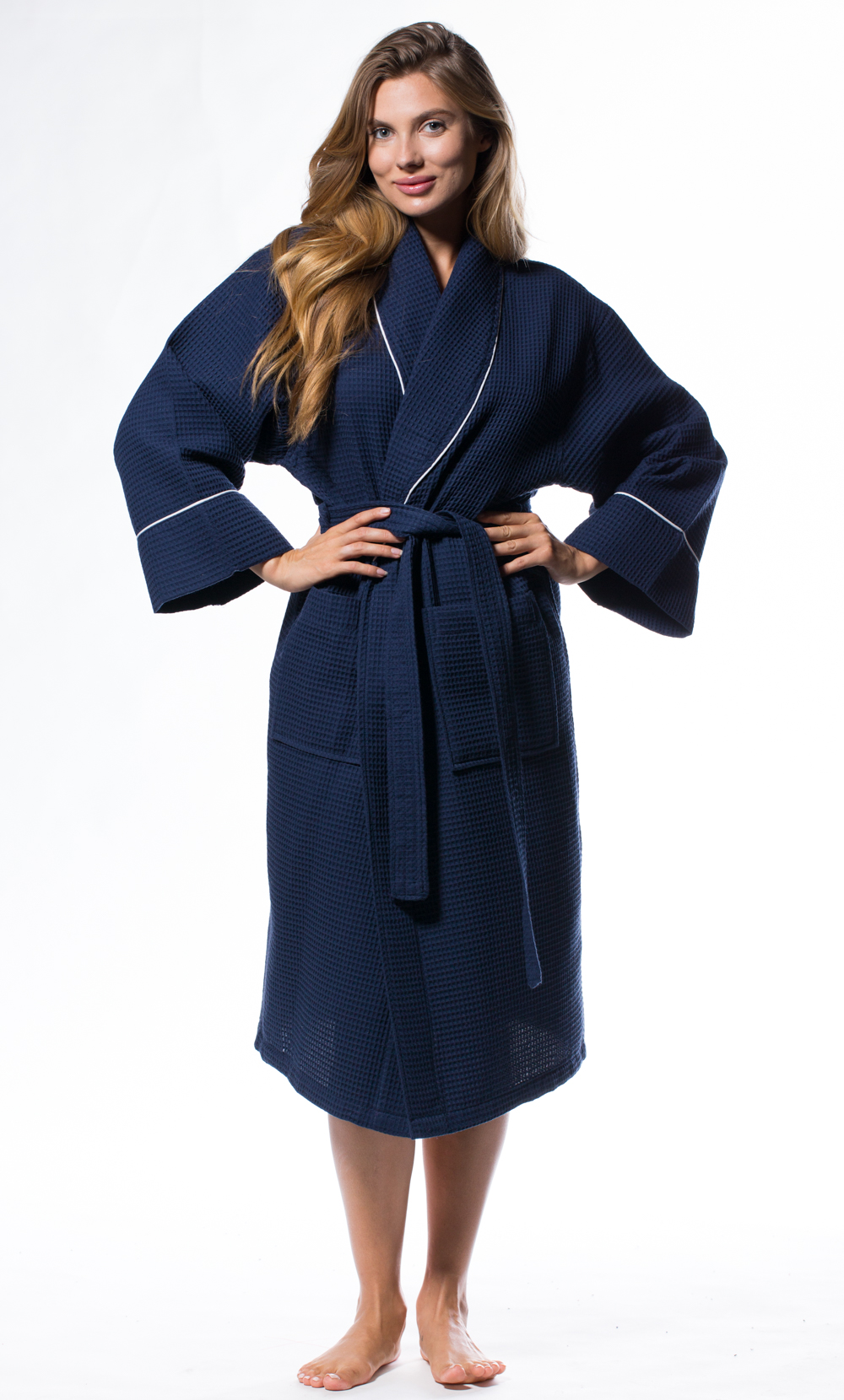 Waffle Shawl Long Robe Square Pattern Navy Blue-Robemart.com