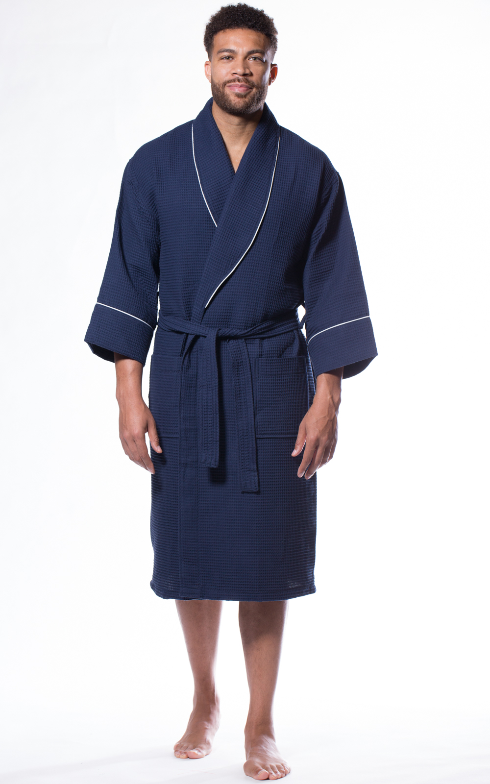 Waffle Shawl Long Robe Square Pattern Navy Blue-Robemart.com
