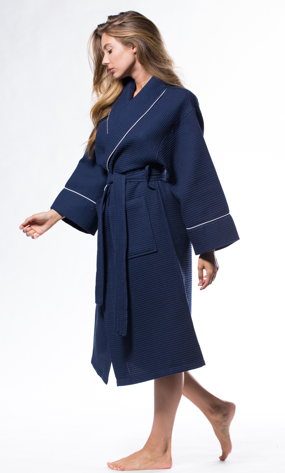 Waffle Shawl Long Robe Square Pattern Navy Blue-Robemart.com