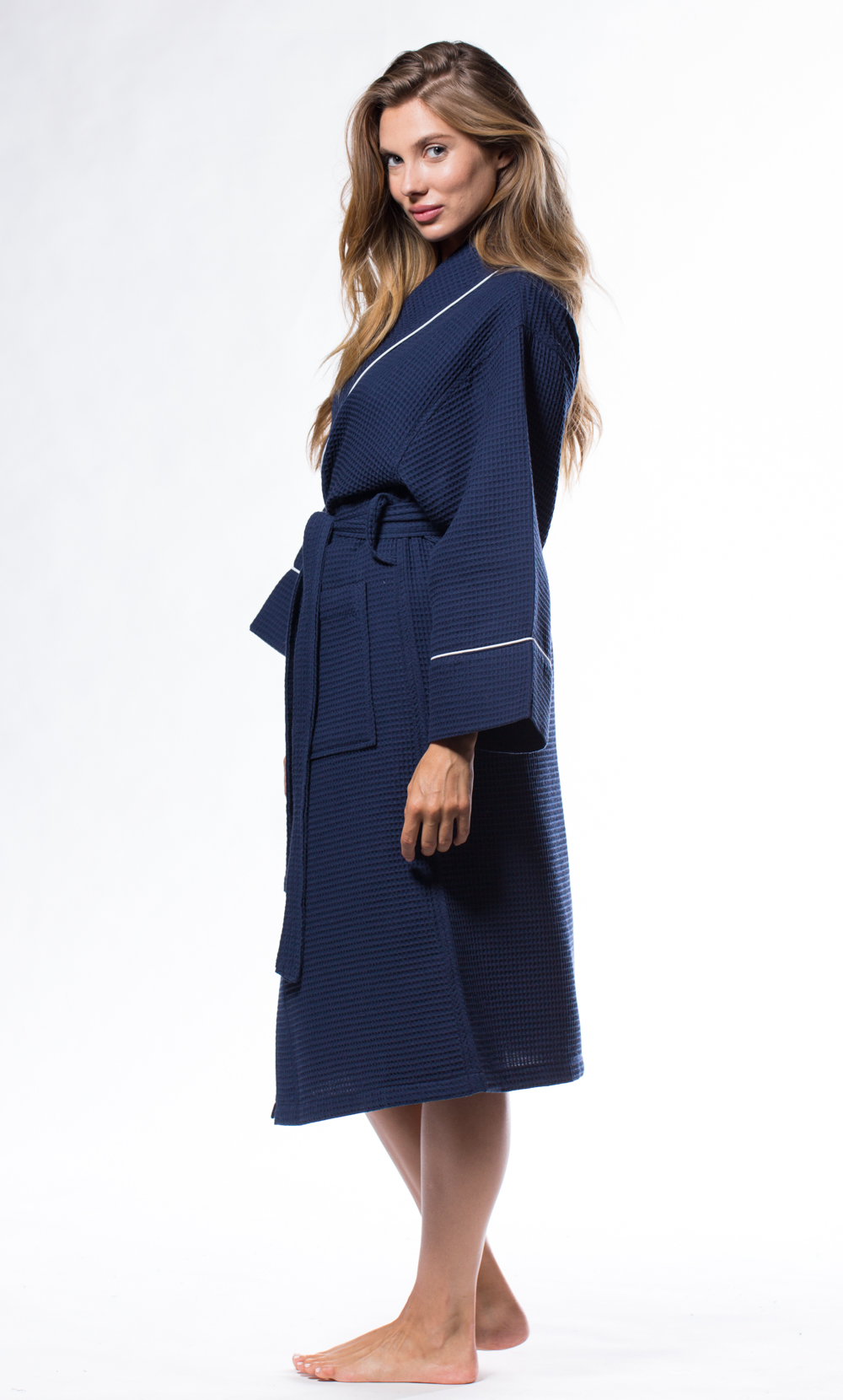 Waffle Shawl Long Robe Square Pattern Navy Blue-Robemart.com