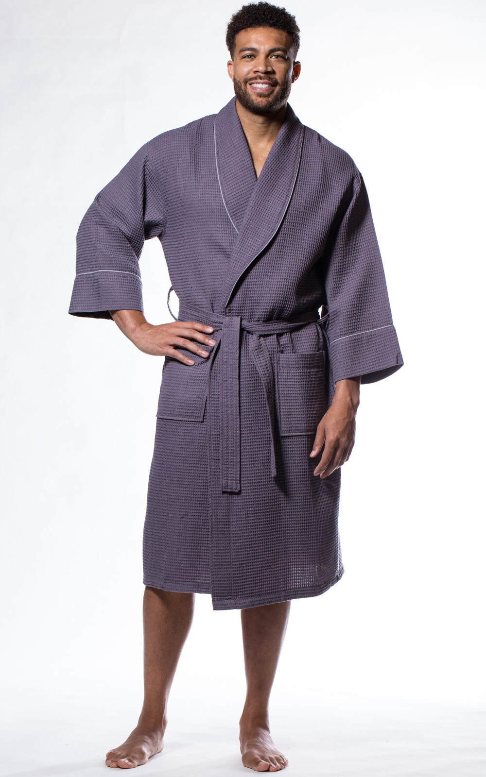 Waffle Shawl Long Robe Square Pattern Charcoal Gray-Robemart.com