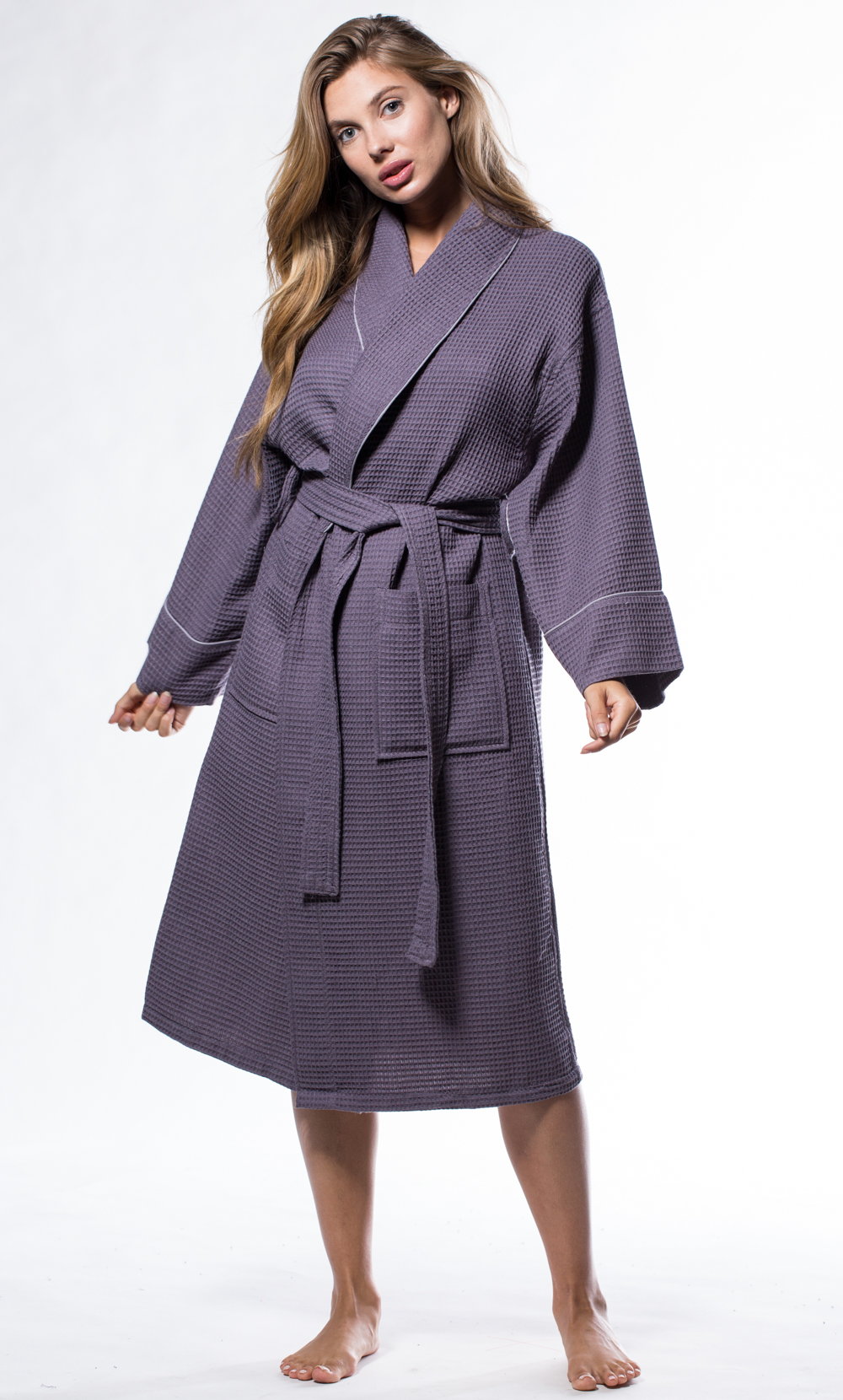 Waffle Shawl Long Robe Square Pattern Charcoal Gray-Robemart.com