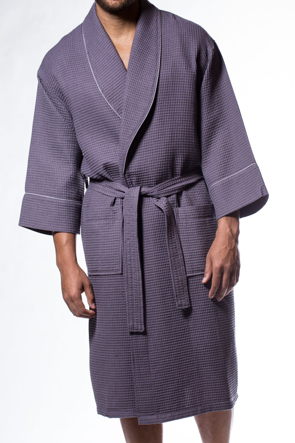 Waffle Shawl Long Robe Square Pattern Charcoal Gray-Robemart.com