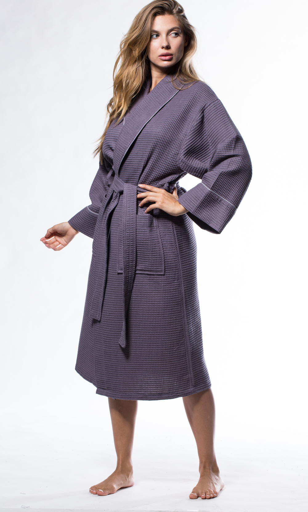 Waffle Shawl Long Robe Square Pattern Charcoal Gray-Robemart.com