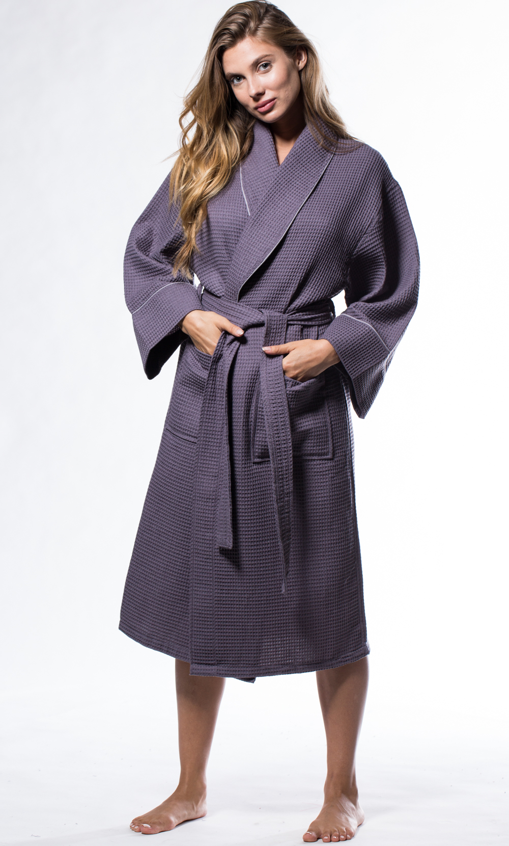 Waffle Shawl Long Robe Square Pattern Charcoal Gray-Robemart.com