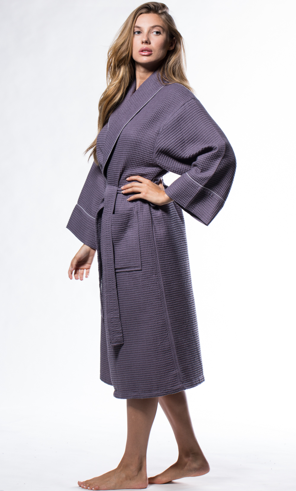 Waffle Shawl Long Robe Square Pattern Charcoal Gray-Robemart.com