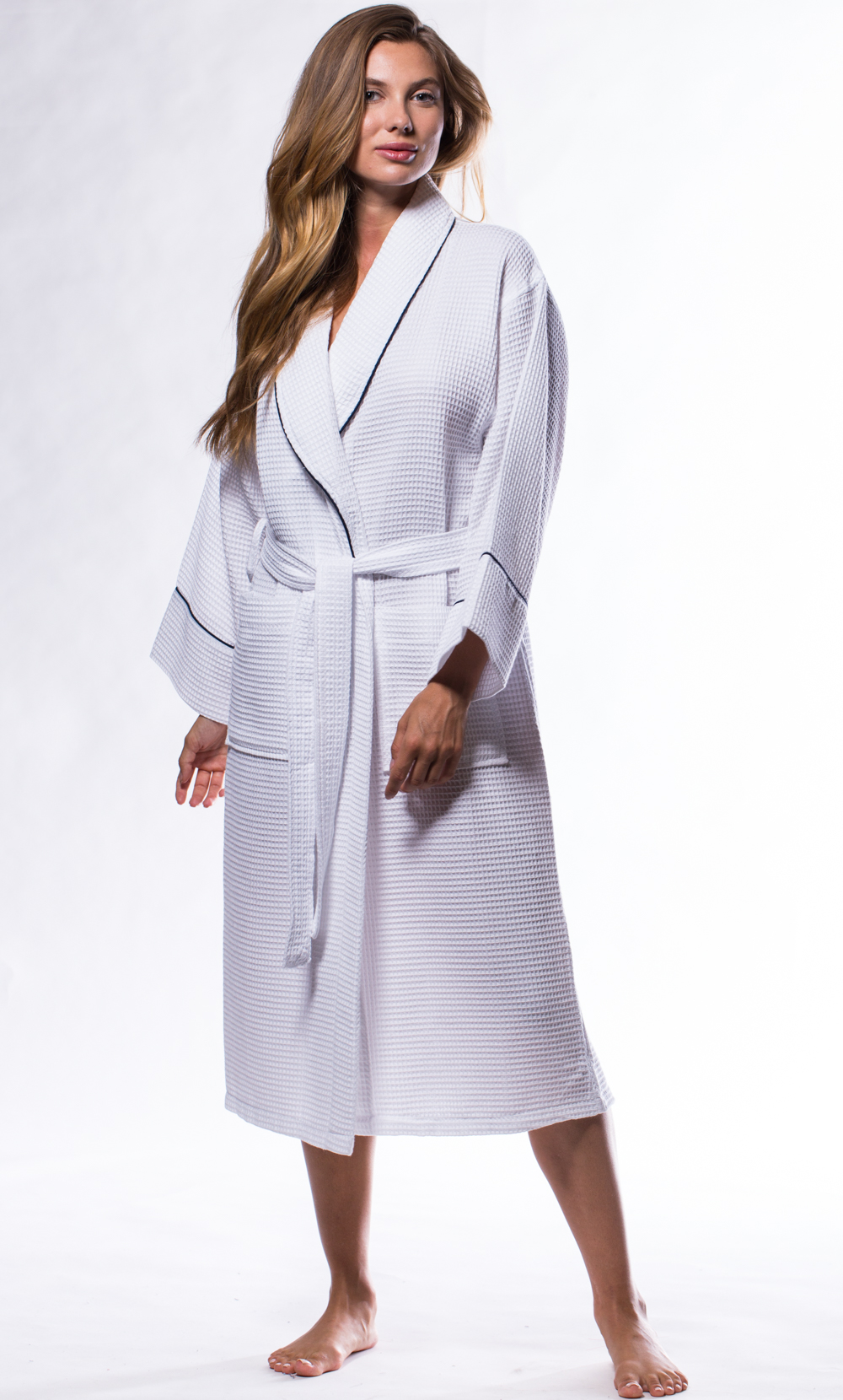 Waffle Shawl Long Robe Square Pattern White-Robemart.com