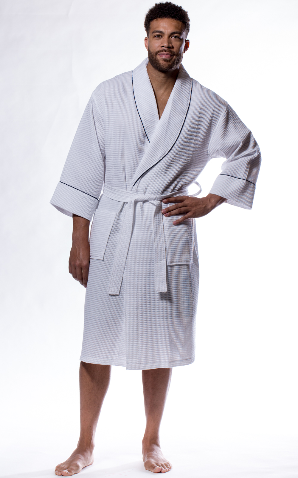 Waffle Shawl Long Robe Square Pattern White-Robemart.com