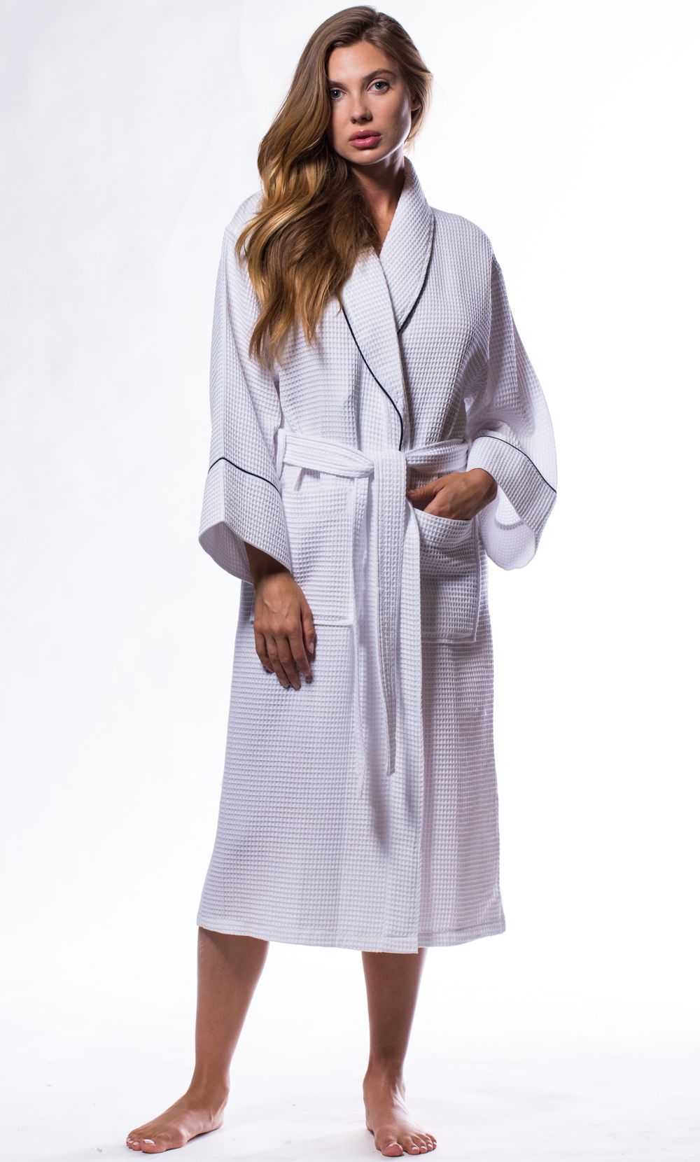 Waffle Shawl Long Robe Square Pattern White-Robemart.com