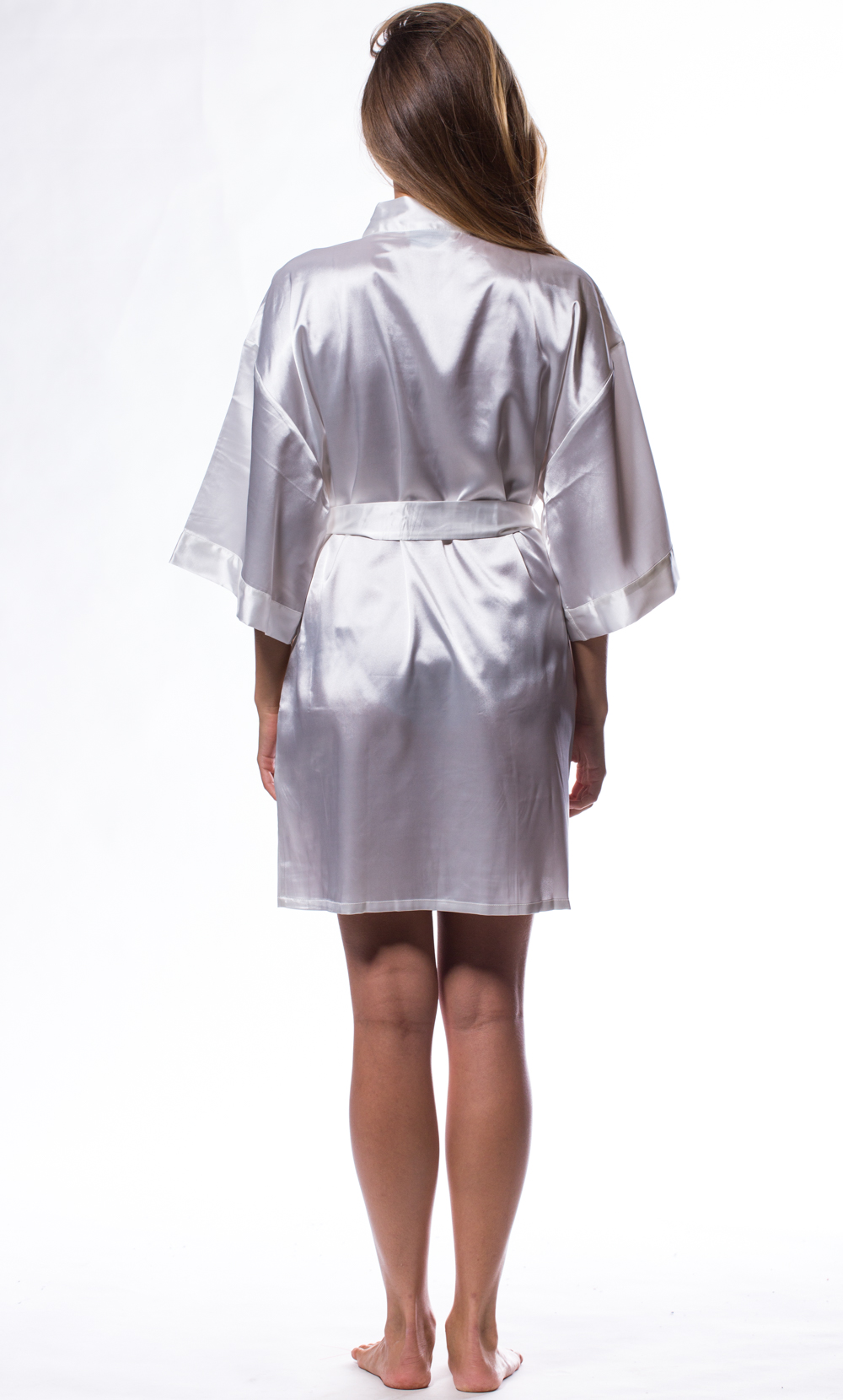White Satin Kimono Short Robe-Robemart.com
