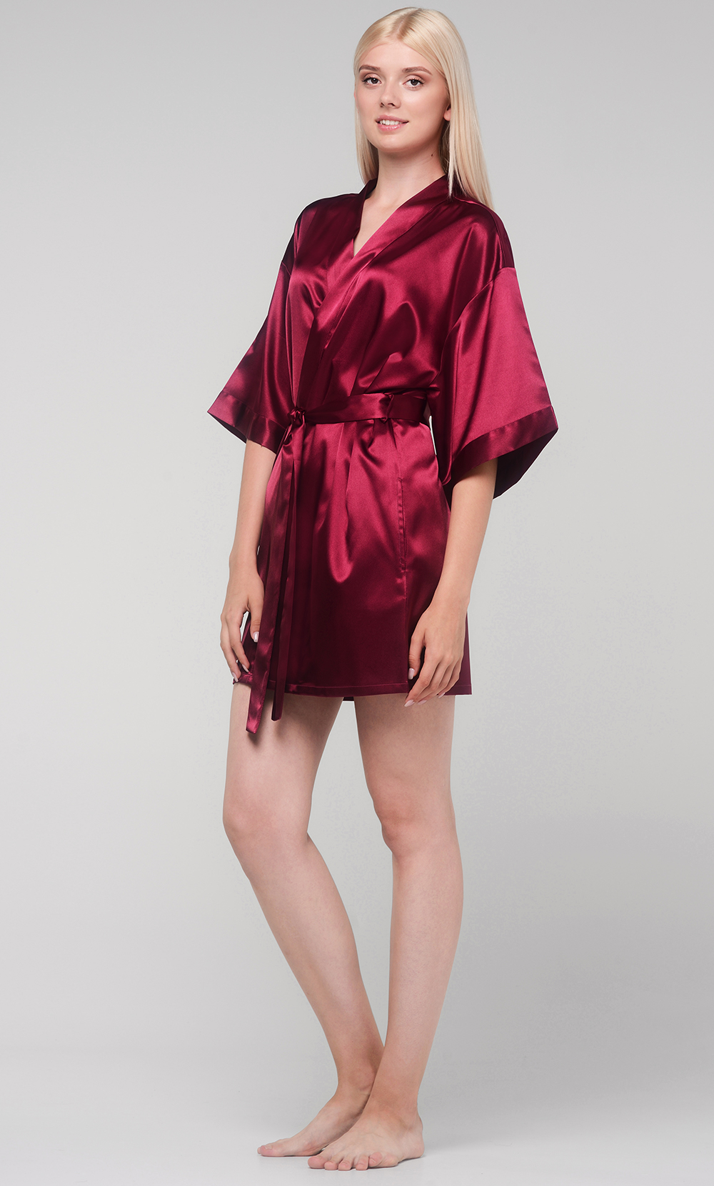 Wine Red Satin Kimono Short Robe-Robemart.com