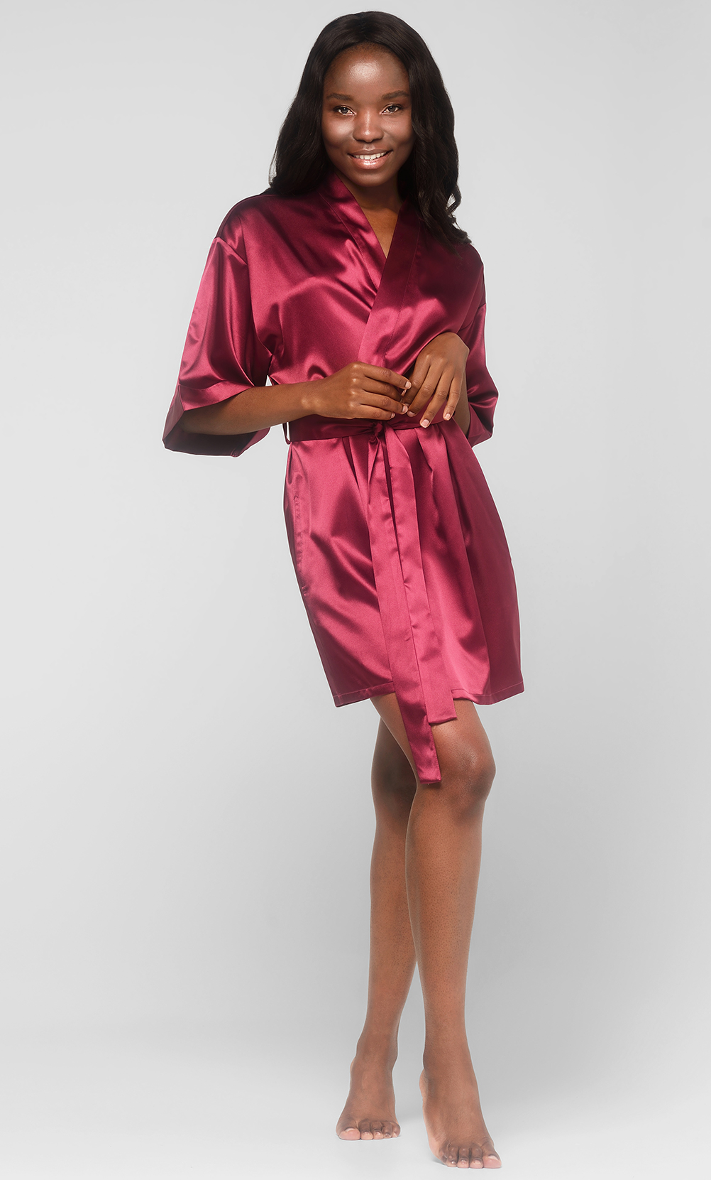 Wine Red Satin Kimono Short Robe-Robemart.com