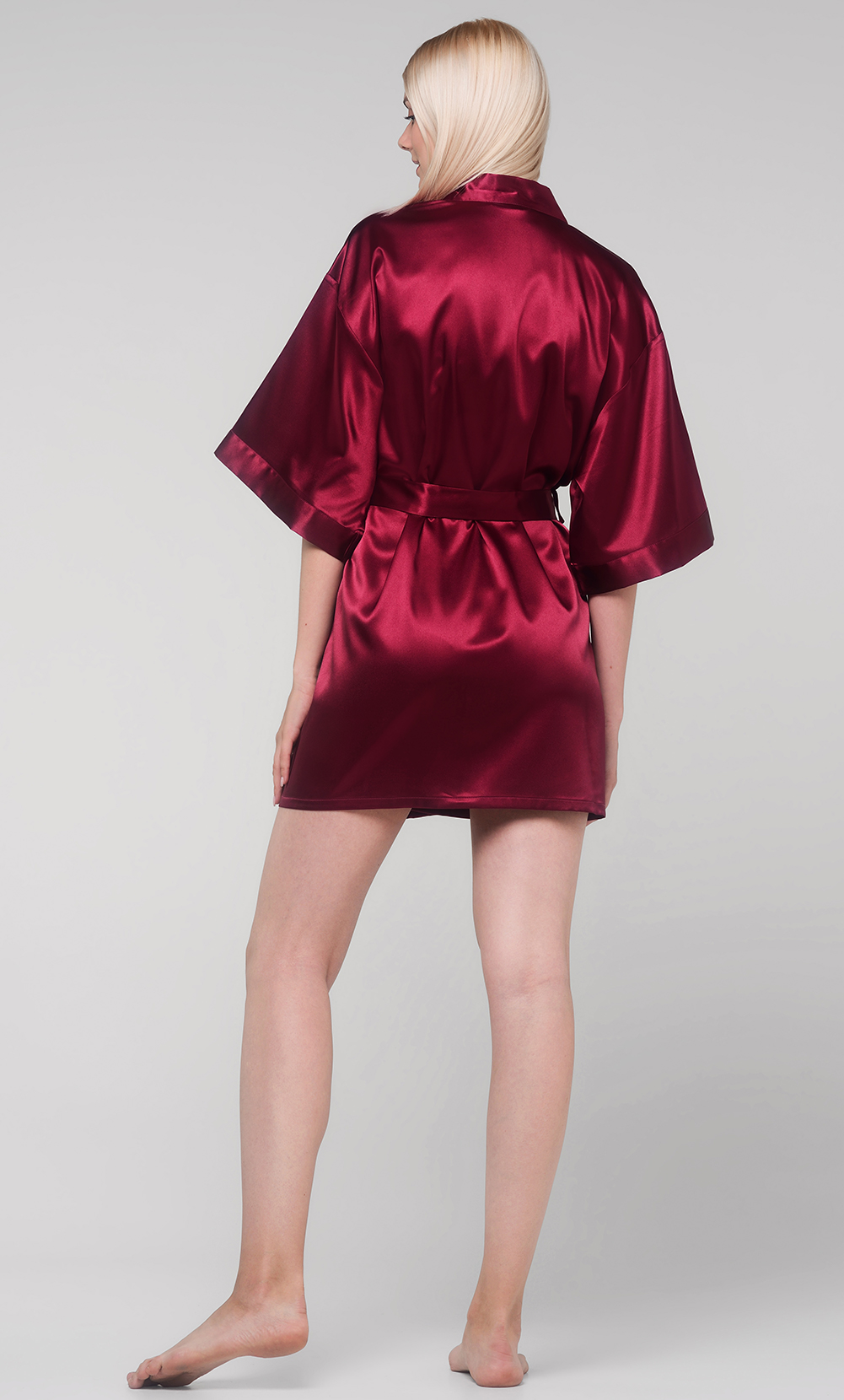 Wine Red Satin Kimono Short Robe-Robemart.com