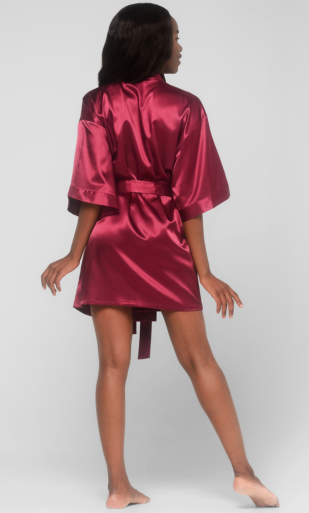 Wine Red Satin Kimono Short Robe-Robemart.com